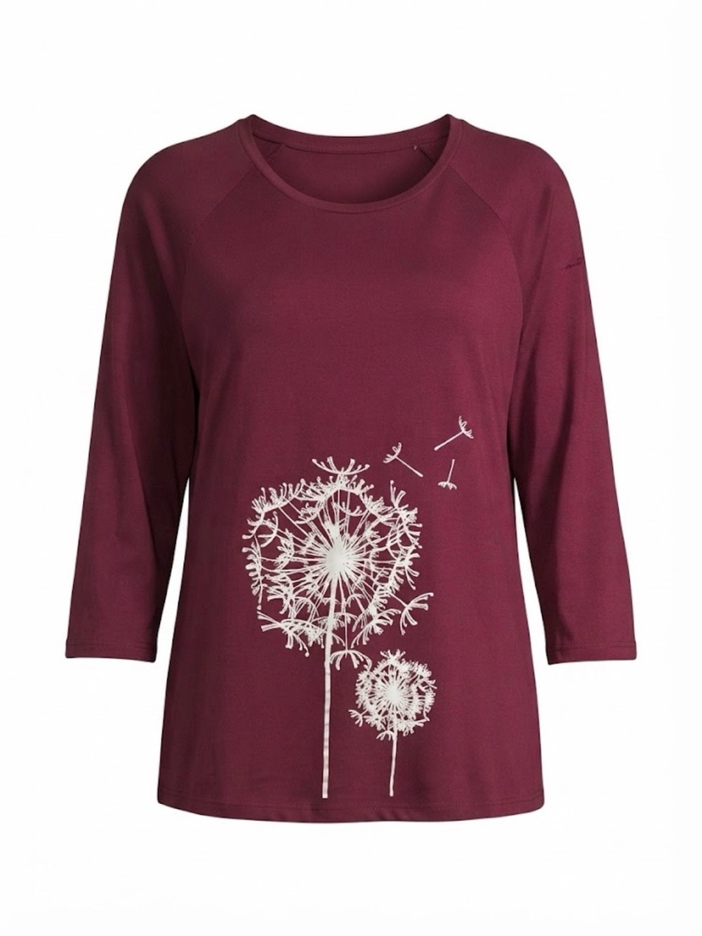 Women's Maroon Dandelion Graphic 3/4 Sleeve Top